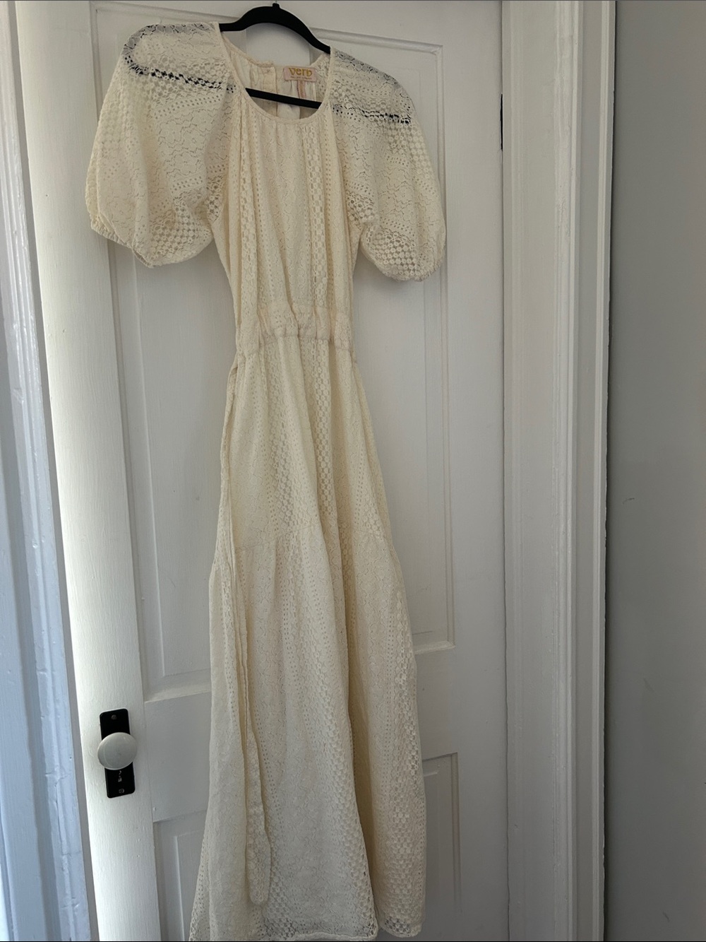Verb Cream Crochet Maxi Dress with Puff Sleeves
